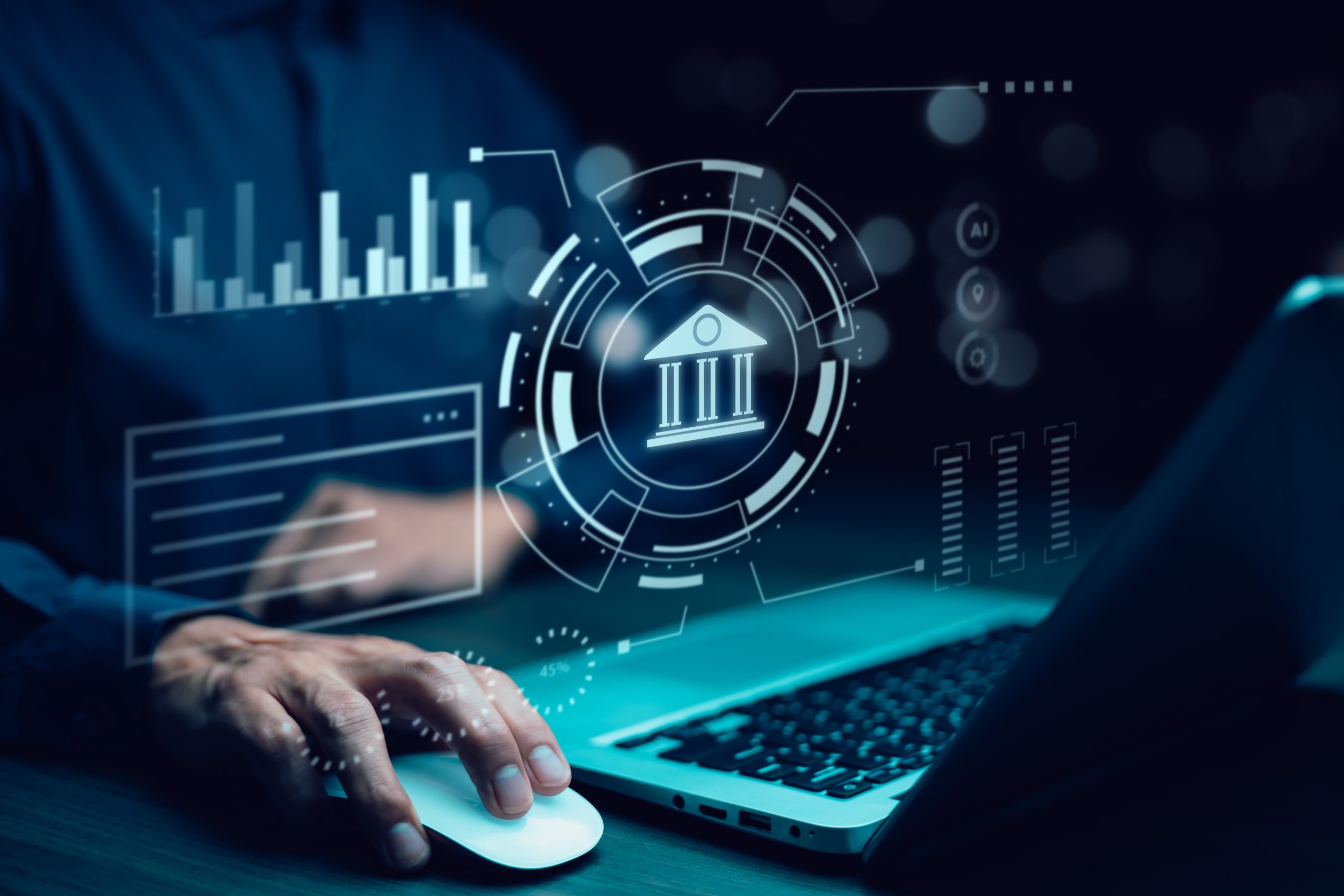 Businessman using the laptop with bank and tax icons,Concept of tax payment optimisation business finance